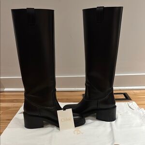 Chloe Black Over the Knee Boots with Chunky Heel and Smooth Finish